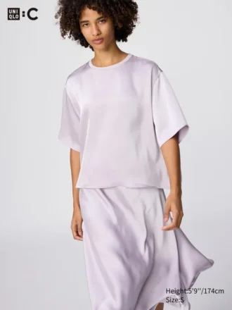 Camicetta corta oversize in raso da donna | Maniche a tre quarti
