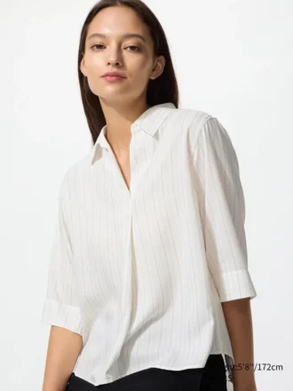 Camicetta da donna in rayon con collo skipper e maniche a 3/4 | A righe