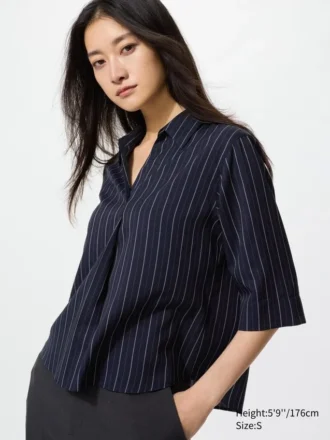 Camicetta da donna in rayon con collo skipper e maniche a 3/4 | A righe
