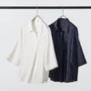 Camicetta da donna in rayon con collo skipper e maniche a 3/4 | A righe