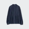 Camicia da donna in denim con pinces e maniche corte in pantaloncini Camicia da donna in denim con pinces e maniche corte in pantaloncini