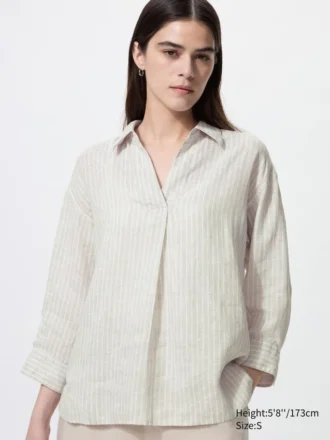 Camicia da donna in Premium Linen con collo alla marinara e maniche a 3/4 | A righe