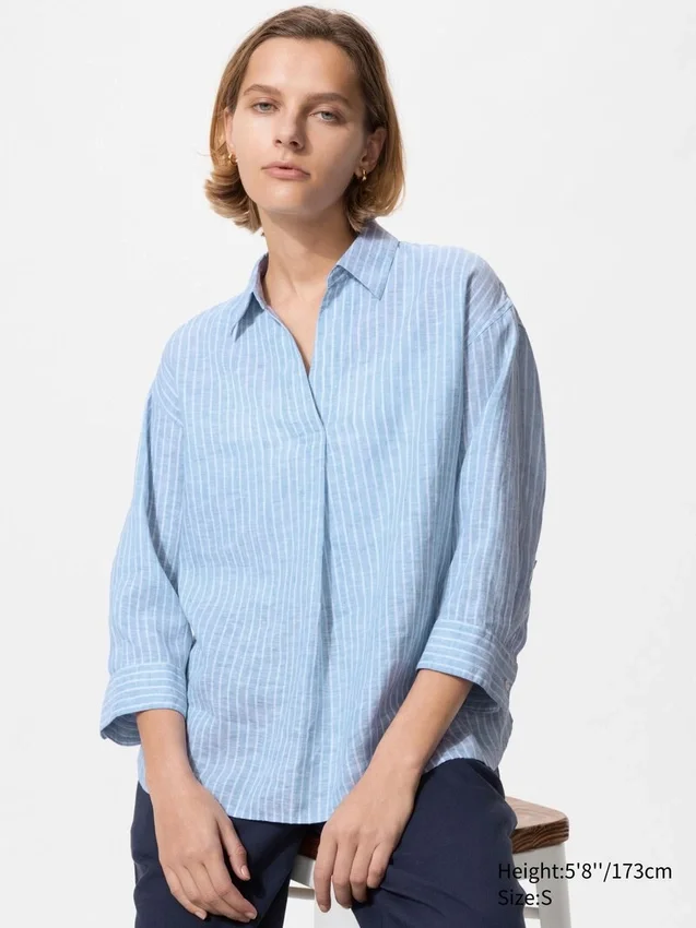 Camicia da donna in Premium Linen con collo alla marinara e maniche a 3/4 | A righe Camicia da donna in Premium Linen con collo alla marinara e maniche a 3/4 | A righe