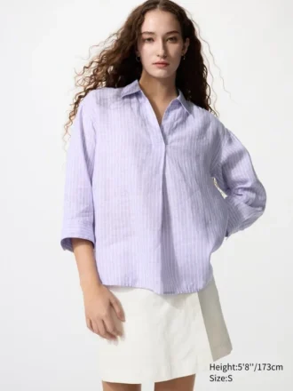 Camicia da donna in Premium Linen con collo alla marinara e maniche a 3/4 | A righe