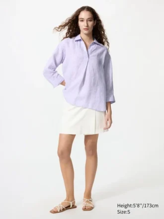 Camicia da donna in Premium Linen con collo alla marinara e maniche a 3/4 | A righe