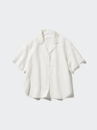 Camicie da donna in misto lino con collo aperto e maniche corte in pantaloncini