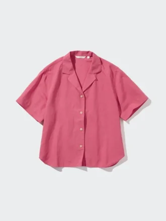 Camicie da donna in misto lino con collo aperto e maniche corte in pantaloncini