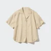 Camicie da donna in misto lino con collo aperto e maniche corte in pantaloncini Camicie da donna in misto lino con collo aperto e maniche corte in pantaloncini