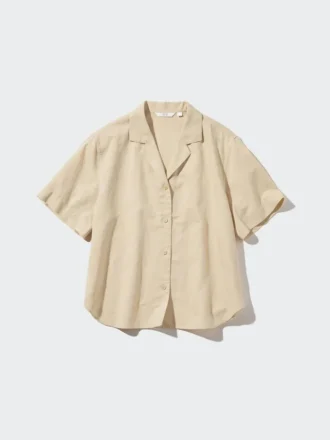 Camicie da donna in misto lino con collo aperto e maniche corte in pantaloncini