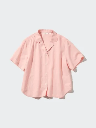 Camicie da donna in misto lino con collo aperto e maniche corte in pantaloncini
