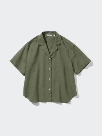 Camicie da donna in misto lino con collo aperto e maniche corte in pantaloncini
