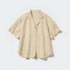 Camicie da donna in misto lino con collo aperto e maniche corte in pantaloncini Camicie da donna in misto lino con collo aperto e maniche corte in pantaloncini