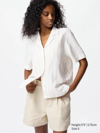 Camicie da donna in misto lino con collo aperto | Maniche corte | A righe