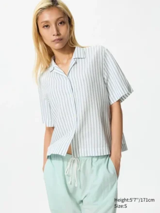 Camicie da donna in misto lino con collo aperto | Maniche corte | A righe