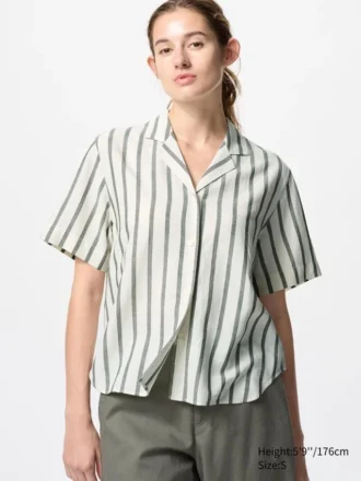 Camicie da donna in misto lino con collo aperto | Maniche corte | A righe