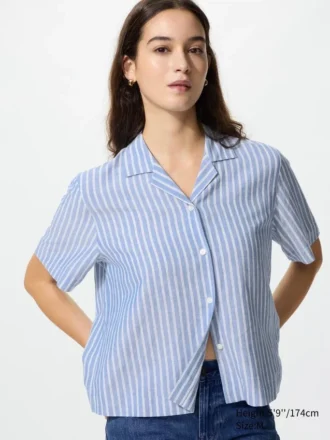 Camicie da donna in misto lino con collo aperto | Maniche corte | A righe