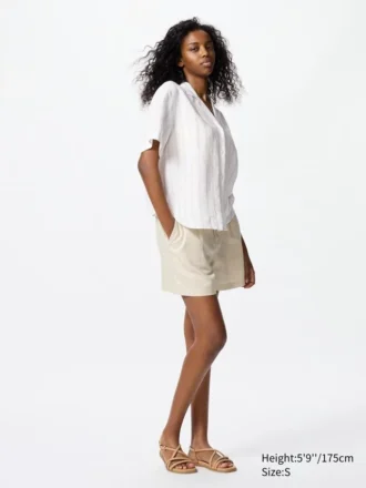 Camicie da donna in misto lino con collo aperto | Maniche corte | A righe
