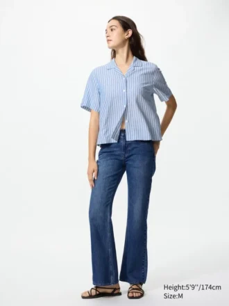 Camicie da donna in misto lino con collo aperto | Maniche corte | A righe