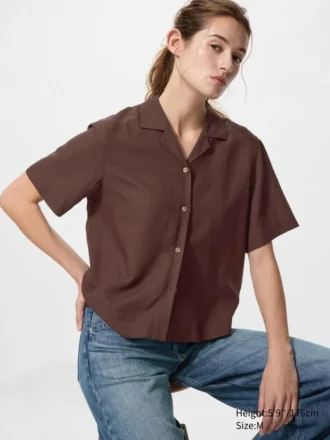 Camicie da donna in misto lino con collo aperto | Maniche corte in pantaloncini