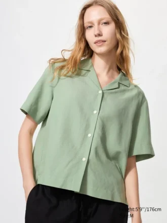 Camicie da donna in misto lino con collo aperto | Maniche corte in pantaloncini