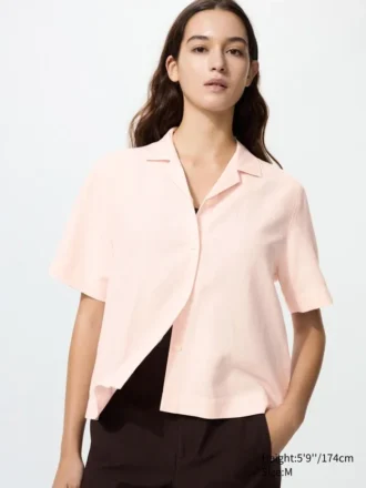 Camicie da donna in misto lino con collo aperto | Maniche corte in pantaloncini