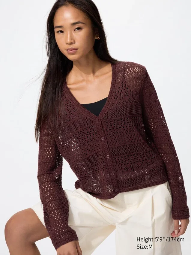 Cardigan da donna con collo a V lavorato all’uncinetto Cardigan da donna con collo a V lavorato all’uncinetto