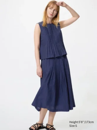 Gonna lunga con pieghe in misto lino da donna