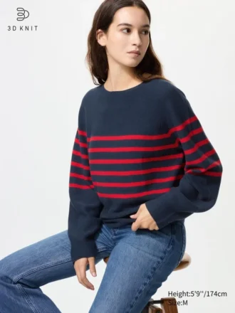 Maglione da donna in 3D Knit di cotone con maniche voluminose | A righe