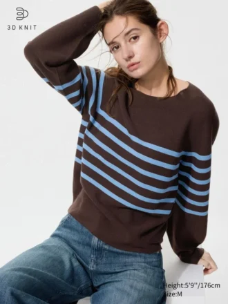 Maglione da donna in 3D Knit di cotone con maniche voluminose | A righe