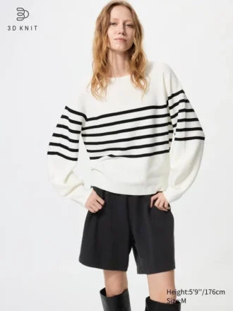 Maglione da donna in 3D Knit di cotone con maniche voluminose | A righe