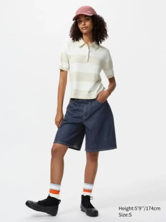 Maglione polo da donna a maniche corte in pantaloncini | A righe