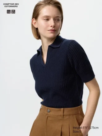Maglione polo da donna in cotone a punto traforato