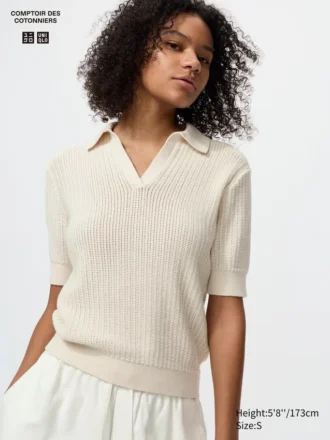 Maglione polo da donna in cotone a punto traforato
