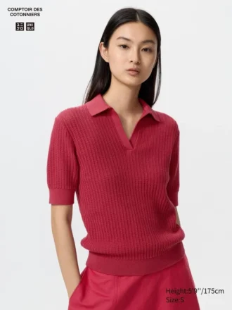 Maglione polo da donna in cotone a punto traforato
