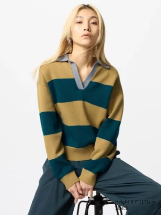 Maglione polo da donna in cotone liscio dal taglio morbido | A righe
