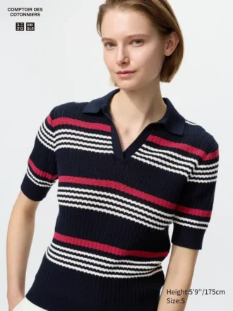 Maglione polo da donna in cotone pointelle | A righe