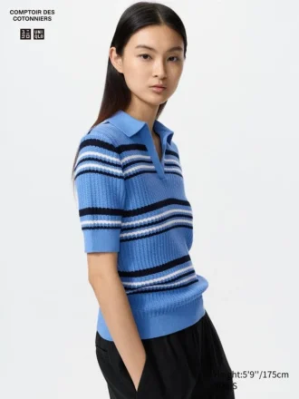 Maglione polo da donna in cotone pointelle | A righe