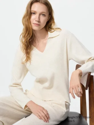Maglione polo da donna in maglia a coste lavabile