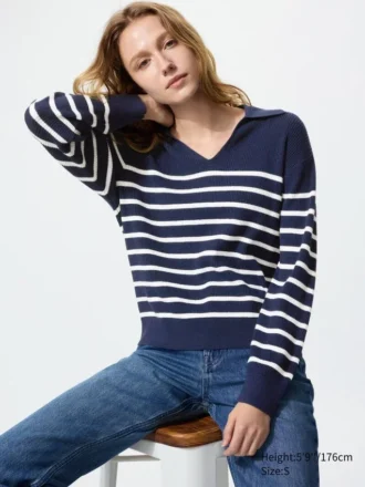 Maglione polo da donna in maglia a coste lavabile | A righe