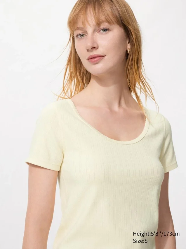 Mini T-shirt da donna con collo rotondo in punto pizzo Mini T-shirt da donna con collo rotondo in punto pizzo