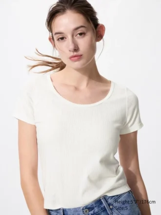 Mini T-shirt da donna con collo rotondo in punto pizzo