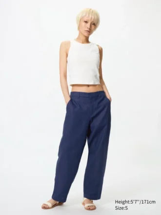 Pantaloni affusolati da donna in misto lino e cotone