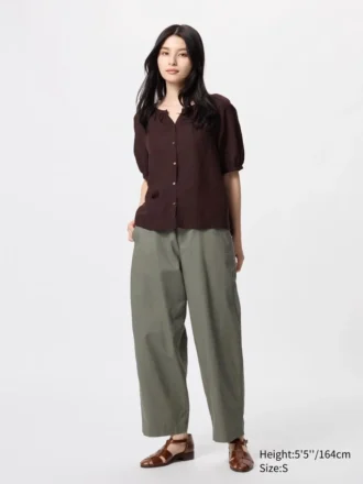 Pantaloni affusolati da donna in misto lino e cotone