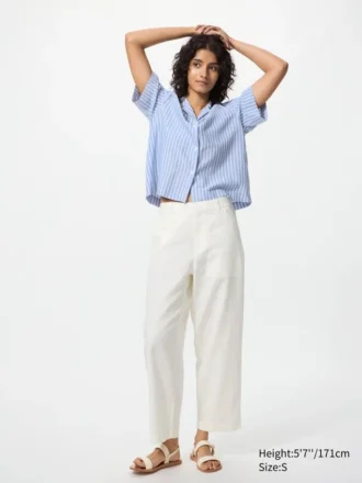 Pantaloni affusolati da donna in misto lino e cotone