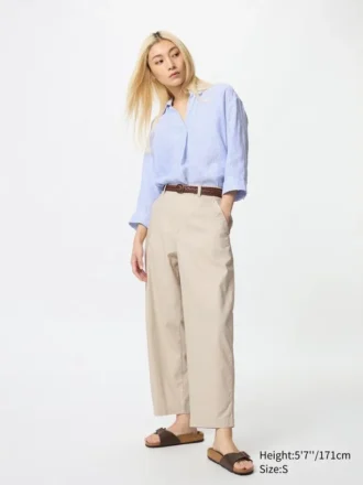 Pantaloni affusolati da donna in misto lino e cotone