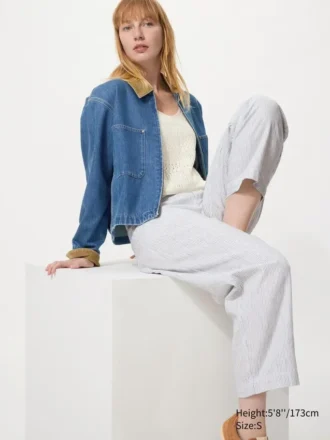 Pantaloni affusolati da donna in misto lino e cotone | A righe