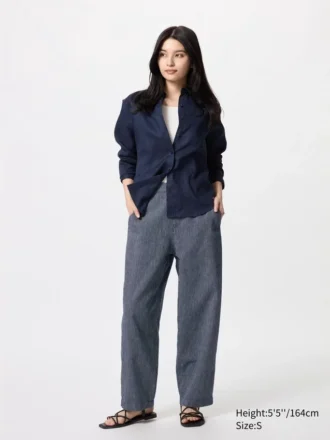 Pantaloni affusolati da donna in misto lino e cotone | A righe
