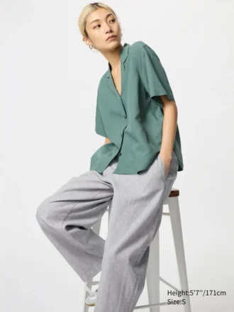 Pantaloni affusolati da donna in misto lino e cotone | A righe