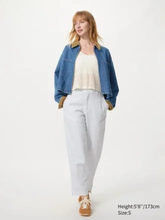 Pantaloni affusolati da donna in misto lino e cotone | A righe