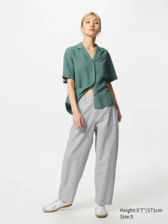 Pantaloni affusolati da donna in misto lino e cotone | A righe